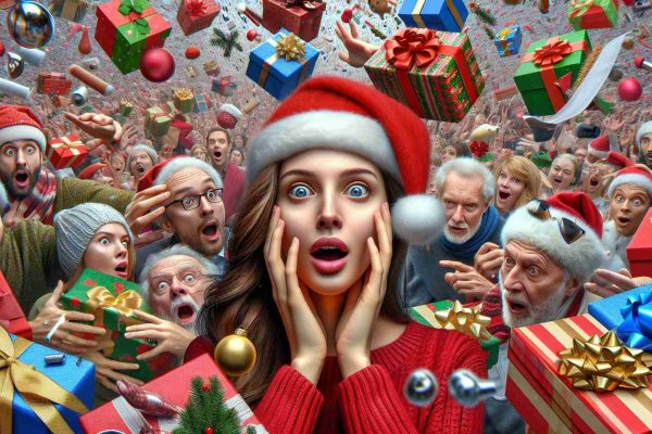 Generate a realistic, high definition image portraying a surprising twist during the holiday season. This could include elements such as unexpected gifts, unusual holiday decorations, or unexpected holiday-themed events. Include reactions of surprise, disbelief, or amazement from the observers.