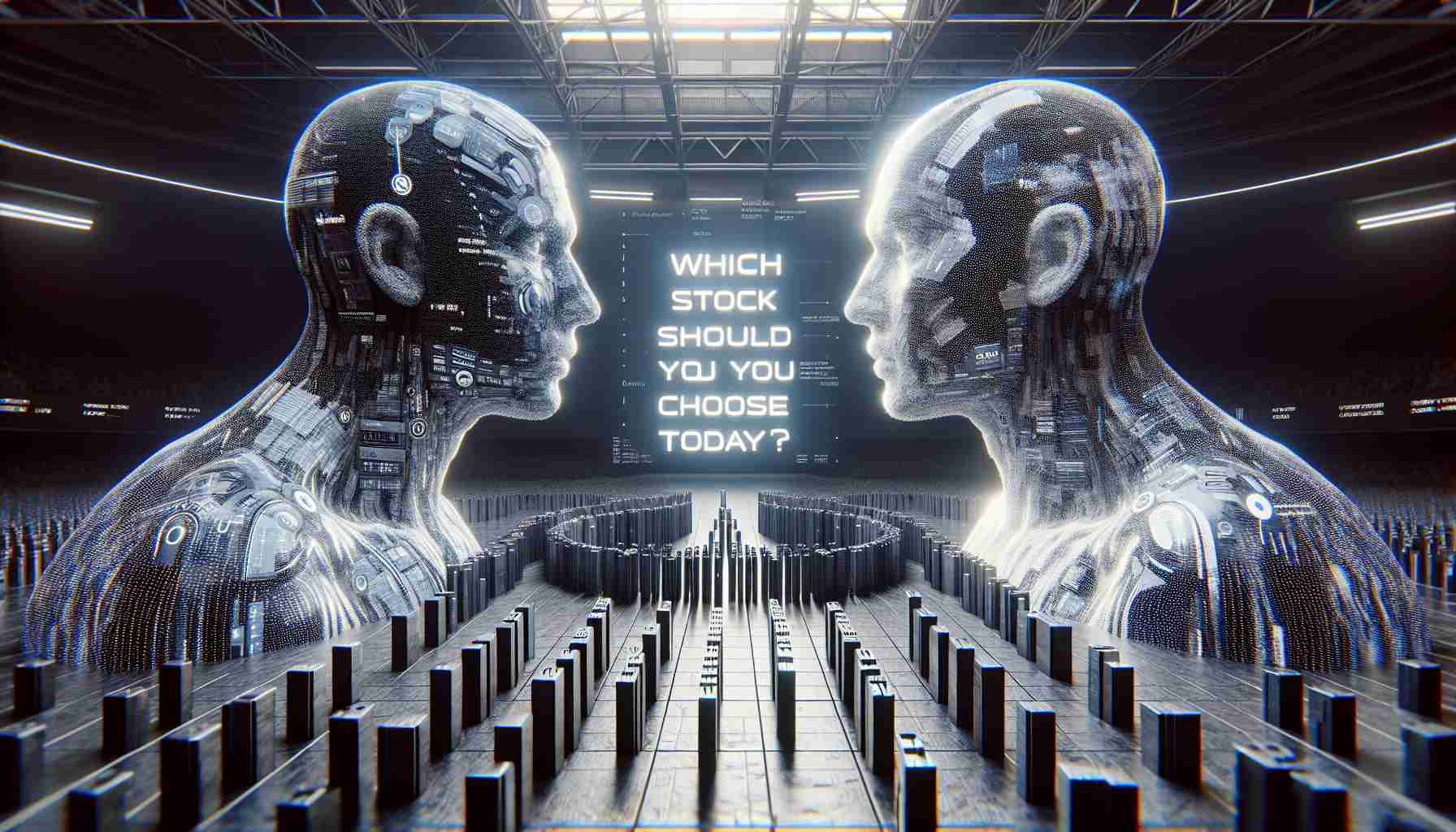 A hyper-realistic, high-definition image showcasing a metaphorical face-off between two towering, abstract representations of artificial intelligence giants. These entities are situated in an arena with a tension-filled atmosphere. They're not depicted as people, but rather as symbolic figures. Emphasis is also placed on the question, displayed in striking text overlay phenomenon, 'Which Stock Should You Choose Today?'. Please note that the image should capture the concept of choice and decision-making in the context of modern technology.