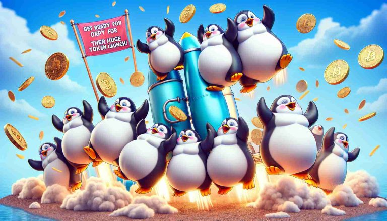 Generate a highly detailed and realistic image of a group of chubby cartoon-style penguins dancing in celebration on top of a rocket ship, symbolizing a significant increase in value. A banner trails behind the rocket in the sky proclaiming 'Get Ready for Their Huge Token Launch!'