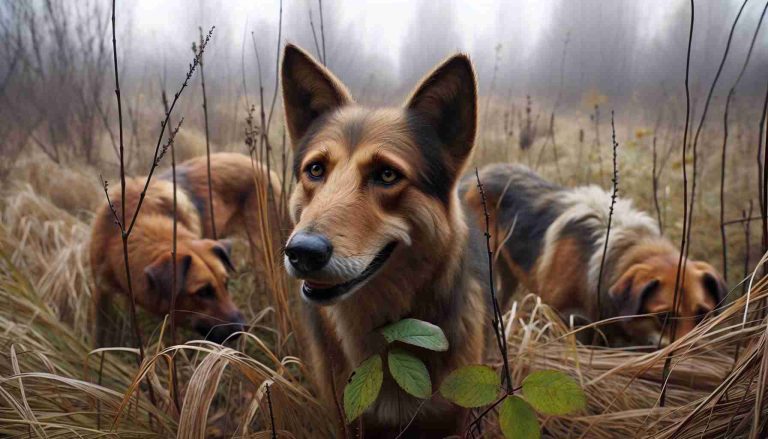 A high-definition, realistic photograph showcasing the healthy and thriving dogs in the area around Chernobyl. Their wellness, despite being in an environment marked by a historical nuclear disaster, illustrates their resilience and adaptation. The scene emphasises the significance of their survival in the context of wildlife and environmental recovery.