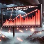 Create a detailed and realistic high-definition graphic visualization that represents Canada's soaring budget deficit. The graphic includes rising red bars on a line graph, with a background image of a stormy sky, symbolizing a forecast of potentially challenging economic times ahead. Text overlays on the image include 'Canada's Budget Deficit Soars – Brace for Impact!'