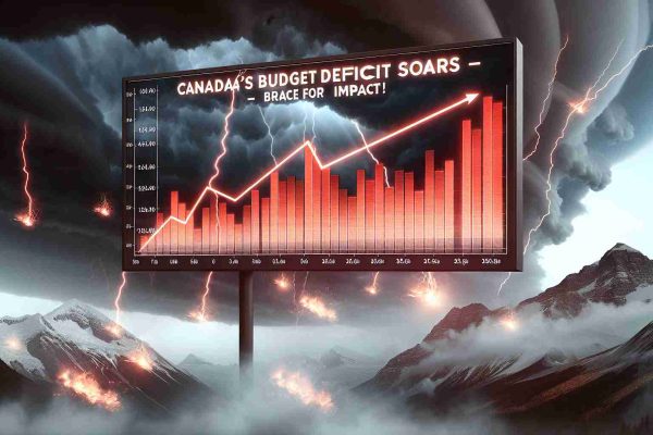 Create a detailed and realistic high-definition graphic visualization that represents Canada's soaring budget deficit. The graphic includes rising red bars on a line graph, with a background image of a stormy sky, symbolizing a forecast of potentially challenging economic times ahead. Text overlays on the image include 'Canada's Budget Deficit Soars – Brace for Impact!'