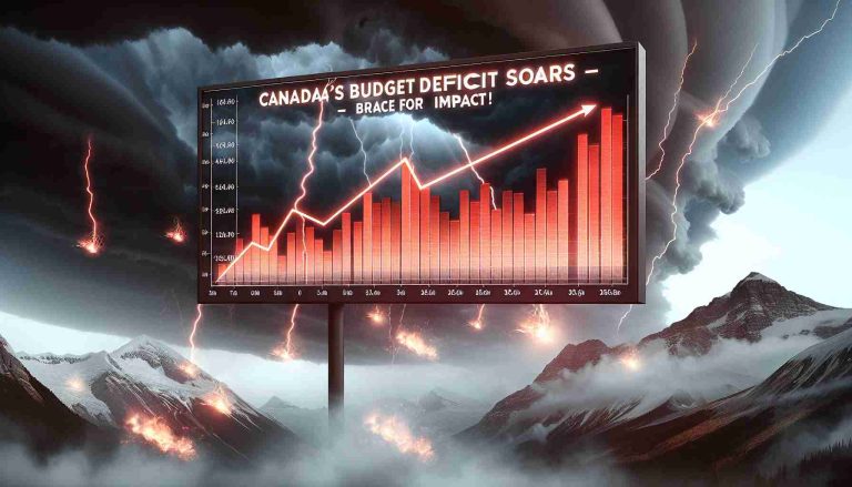 Create a detailed and realistic high-definition graphic visualization that represents Canada's soaring budget deficit. The graphic includes rising red bars on a line graph, with a background image of a stormy sky, symbolizing a forecast of potentially challenging economic times ahead. Text overlays on the image include 'Canada's Budget Deficit Soars – Brace for Impact!'