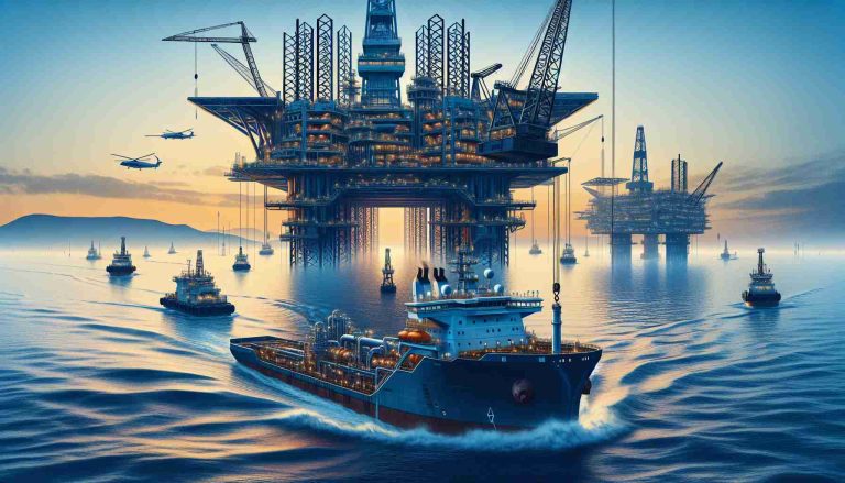 An illustrative image depicting the process of deepwater oil extraction in Nigeria. In the foreground, massive ocean-going vessels and offshore oil rigs are engaged in extraction activities. The ships are state-of-the-art, signifying new advancements in technology. The deep blue ocean and clear sky with a hint of orange suggesting sunset. In the background, land faintly appears, representing Nigeria. Please do not include logos or company names.