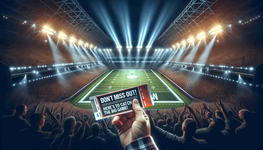 A high-definition image capturing the thrilling atmosphere of a major sports event. The scene includes a large, packed stadium with spotlights casting a glow on the field. Intense anticipation is in the air as the game is about to start. In the foreground, a hand holding a ticket with the words 'Don’t Miss Out! Here’s How to Catch the Big Game!' inscribed on it is featured prominently.