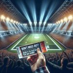 A high-definition image capturing the thrilling atmosphere of a major sports event. The scene includes a large, packed stadium with spotlights casting a glow on the field. Intense anticipation is in the air as the game is about to start. In the foreground, a hand holding a ticket with the words 'Don’t Miss Out! Here’s How to Catch the Big Game!' inscribed on it is featured prominently.