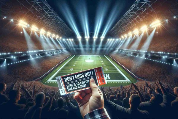 A high-definition image capturing the thrilling atmosphere of a major sports event. The scene includes a large, packed stadium with spotlights casting a glow on the field. Intense anticipation is in the air as the game is about to start. In the foreground, a hand holding a ticket with the words 'Don’t Miss Out! Here’s How to Catch the Big Game!' inscribed on it is featured prominently.