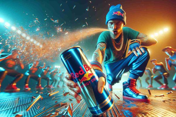 A high-definition, hyper-realistic image showcasing a surprising twist at a hypothetical freestyle rap competition held in 2024, characterized by the energy and high-stakes atmosphere typically associated with events sponsored by energy drink companies.