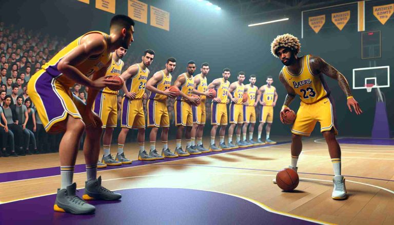 A hyper-realistic high-definition image of a generic basketball team in yellow and purple uniforms critically observing a renowned point guard player in action. The point guard, wearing a different team's outfit, is expertly dribbling the basketball, displaying his impressive command and control of the game. The scenario brings to mind the question - will he join the alternative team?