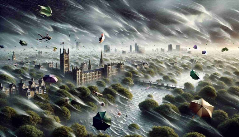 High-definition, realistic image portraying chaos unfolding due to a mighty windstorm causing havoc across a landscape, identifiable as the UK. Show the wind crumpling umbrellas, blustering through the leaves of trees, and causing ripples on the surface of lakes. Buildings and structures should illustrate British architecture, with landmarks hinting at the location without including recognizable specific landmarks. The sky should be dark and ominous, filled with storm clouds, with the overall feel of the image capturing the unexpected chaos and power of nature.