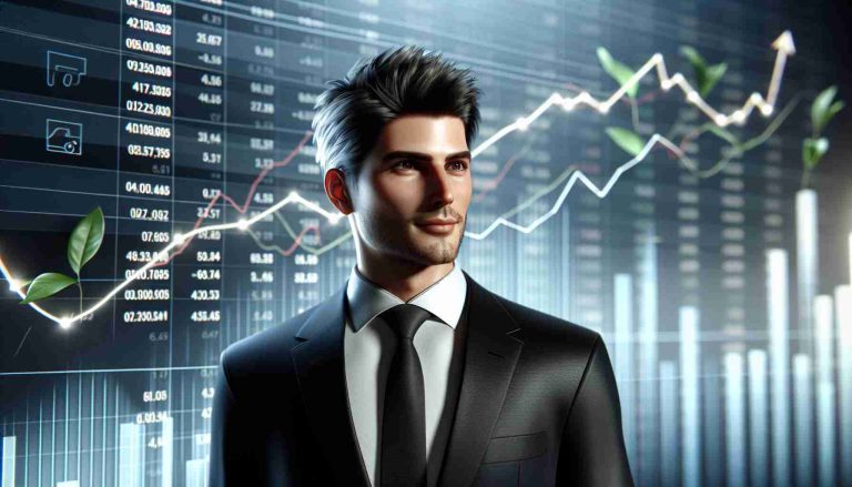 A realistic High Definition image of a high-achieving entrepreneur, with short, dark hair and notable facial features. He stands against a backdrop of soaring financial charts, highlighting the skyrocketing fortunes of an electric car company. The stock shares are hitting record levels, as shown by the upward graphs and indicators in the background.