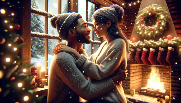 A high-definition, realistic picture presenting a scene of love reignited. Imagine a cozy, romantic setting, perhaps during the holidays, with snow gently falling outside a window. A couple, one a Black man and the other a Caucasian woman, reunite after some time apart. Their expressions are full of joy and surprise, reflecting the warmth and magic of a holiday miracle. Perhaps there is a glowing fireplace nearby and festive decorations all around, adding a celebratory note to the scene.