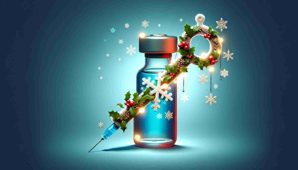 Generate a realistic high-definition image which represents the theme 'Vaccination is Key', promoting health and wellness during the holiday season. It could include visuals of a key-shaped vaccine vial or syringe, adorned with festive elements such as snowflakes, holiday lights, or holly to blend medical and holiday aesthetics.