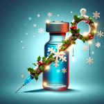 Generate a realistic high-definition image which represents the theme 'Vaccination is Key', promoting health and wellness during the holiday season. It could include visuals of a key-shaped vaccine vial or syringe, adorned with festive elements such as snowflakes, holiday lights, or holly to blend medical and holiday aesthetics.