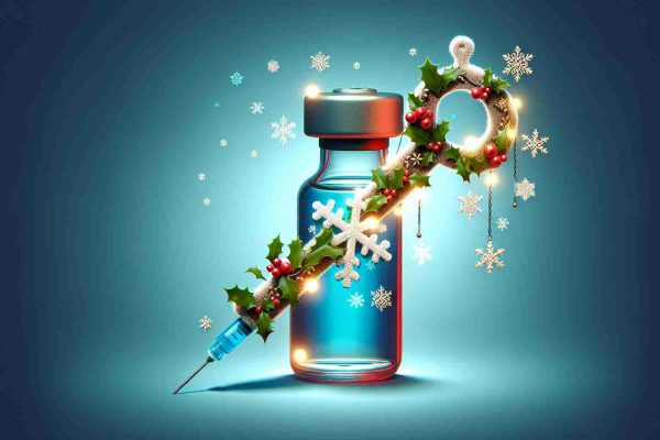 Generate a realistic high-definition image which represents the theme 'Vaccination is Key', promoting health and wellness during the holiday season. It could include visuals of a key-shaped vaccine vial or syringe, adorned with festive elements such as snowflakes, holiday lights, or holly to blend medical and holiday aesthetics.