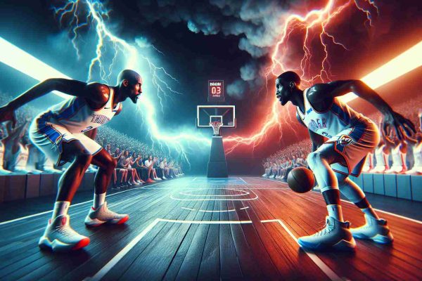 Generate a highly detailed, high-definition image capturing the essence of an intense basketball game set in Miami. The scene should be depicting two competing teams, representing the fury of Thunder and the intensity of Heat. The focus lies on the team symbolising Thunder, showing their focused determination in a challenging away game scenario.