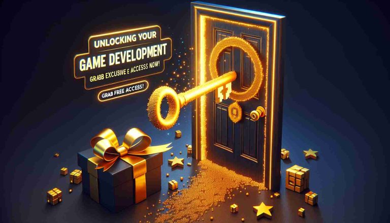 Create a high-definition, realistic image representing the theme of 'Unlocking Your Game Development Dreams.' It could include features such as a glowing golden key poised to unlock a door, symbolizing access to game development dreams. The door itself might be adorned with elements symbolic of game development, such as pixel art or game controller motifs. The caption at the bottom should read, 'Grab Exclusive Free Access Now!' To emphasize the free access, include a shiny, ribbon-tied gift box next to the door.