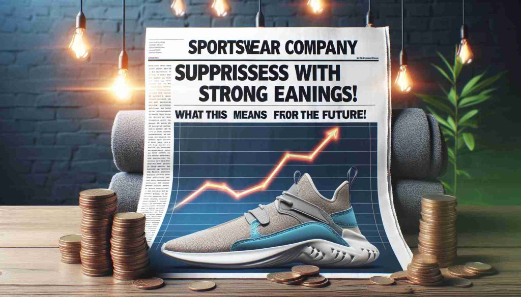 Visualize an impactful newspaper headline boldly proclaiming 'Sportswear Company Surprises With Strong Earnings! What This Means for the Future!' with the background featuring an upward trend graph, a stack of coins, and a high-quality photo of generic athletic footwear.