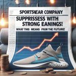 Visualize an impactful newspaper headline boldly proclaiming 'Sportswear Company Surprises With Strong Earnings! What This Means for the Future!' with the background featuring an upward trend graph, a stack of coins, and a high-quality photo of generic athletic footwear.