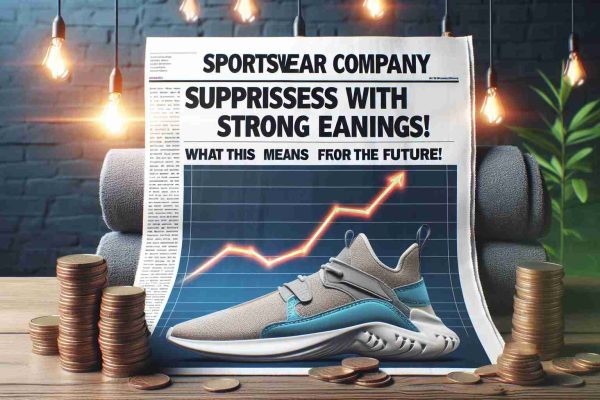 Visualize an impactful newspaper headline boldly proclaiming 'Sportswear Company Surprises With Strong Earnings! What This Means for the Future!' with the background featuring an upward trend graph, a stack of coins, and a high-quality photo of generic athletic footwear.