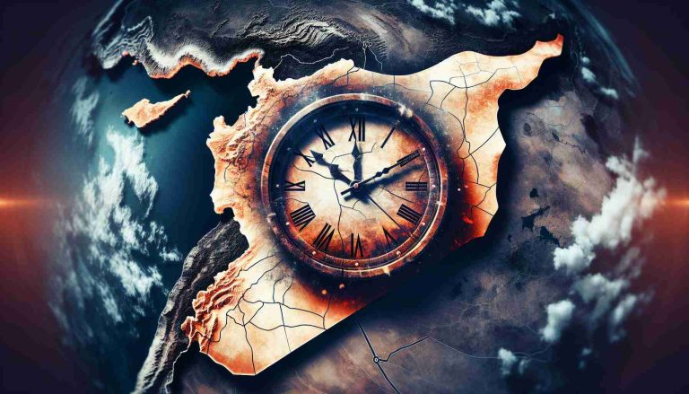 Visual depiction of a symbolic clock ticking, symbolizing the passage of time and urgency, overlaid on a backdrop of a geographical map of Syria. The imagery is to convey a sense of uncertainty and impending chaos in the region, all in a realistic high-definition format.