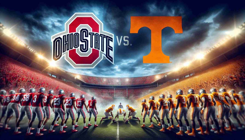 High definition, realistic image depicting the anticipation of an epic sports showdown between two college teams, one symbolizing Ohio State and the other representing Tennessee. The atmosphere reflects excitement, enthusiasm, and rivalry by displaying vibrant team colors, dynamic energies of players, and roaring crowds in the backdrop of a large stadium.