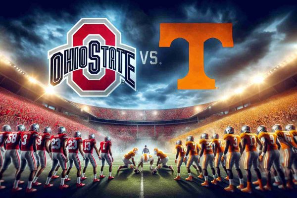 High definition, realistic image depicting the anticipation of an epic sports showdown between two college teams, one symbolizing Ohio State and the other representing Tennessee. The atmosphere reflects excitement, enthusiasm, and rivalry by displaying vibrant team colors, dynamic energies of players, and roaring crowds in the backdrop of a large stadium.