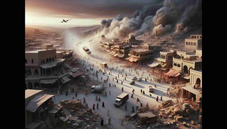 A high definition depiction of a dramatic, unexpected event occurring in Syria. Show a scene of significant change happening during a time of disorder. The scene might be a market suddenly emptying out, people moving hurriedly, ruins from sudden destruction, or a crowd gathering unexpectedly. There should be a tangible sense of tension and suspense. But remember, it's important to preserve the dignity and humanity of the people in the scene. Please ensure the portrayal is respectful and does not stereotype or degrade anyone depicted.