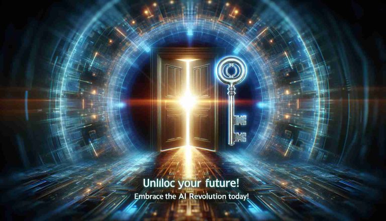 Generate a realistic, high-definition image that symbolizes the concept of 'Unlock Your Future! Embrace the AI Revolution Today!' This image might include elements like a futuristic key unlocking a shiny door of opportunities leading into a glowing digital landscape. These features represent the exciting potential of AI and the possibility to take control of one's future.