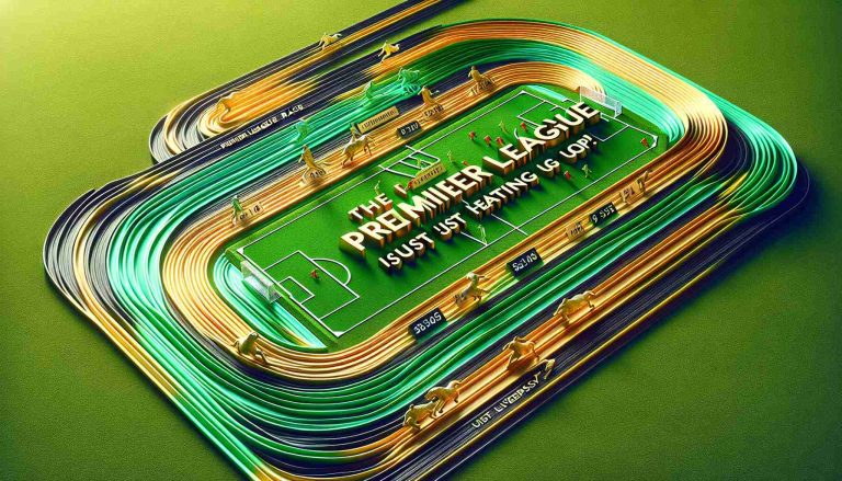 Realistic, high-definition image of a metaphorical race, portraying the competitiveness of football in the Premier League. Visualize multilayered track lines painted in bright shades of green to represent a football field, symbolic of Liverpool's position in the Premier League. The track lines should represent the lead that Liverpool holds, perhaps appearing in gold. It should also feature a bold, dimensional text embedded into the field stating 'The Premier League Race Is Just Heating Up!' to highlight the evolving dynamics of the competition.