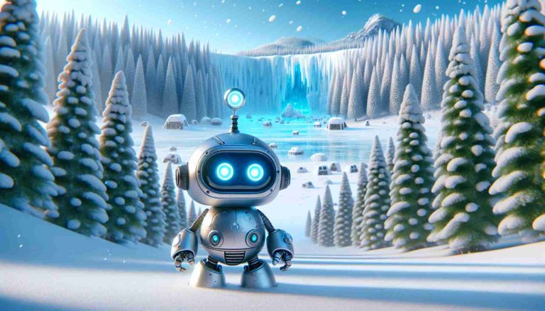 An imaginatively detailed scene showcasing an adorable little robot named Astro Bot in anticipation of a winter wonderland. The landscape transforms before Astro Bot's eyes: forests of evergreen trees coated with fresh, white snow; a clear, icy-blue sky that mirrors the azure color of the icy lake nearby; snowflakes gently falling from the sky. Astro Bot, with its metallic silver body and blue headlight eyes, appears excited, gearing up for new thrilling adventures that await. Please render this image in a realistically high-definition (HD) quality.