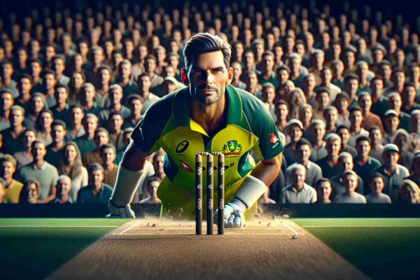 An intricately detailed high-definition image of a cricket match in action. The focus of the image is on the captain of the Australian team, identifiable by the 'C' on his green and gold jersey. He is a white male, radiating determination and leadership. Will this be the moment where the course of the game shifts in favor of his team? In the background, the audience emulates the tension and anticipation of the moment.