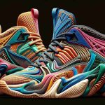 Generate a realistic, high definition image of an dramatic new colorway for a pair of sneakers. The design should give the sense of a shaking up the shoe industry, potentially leading to a sneaker revolution. Please include interesting and appealing qualities such as unique patterns, innovative structural elements, and a visually striking color scheme that hasn't been seen before.