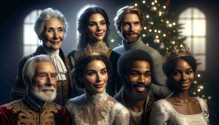 A high-quality realistic image of a distinguished royal family, basking in the joy of Christmas Day. Each individual exudes an air of majesty and grace, their faces lit by the soft glow of a nearby decorated Christmas tree. They all represent different genders and descents - an elderly Caucasian king looking thoughtful, a young black queen radiating warmth, a cheerful Hispanic prince, and a charismatic Middle-Eastern princess. Despite the festive merriment around them, their gaze holds determination, hinting at the challenges they must confront in the future.