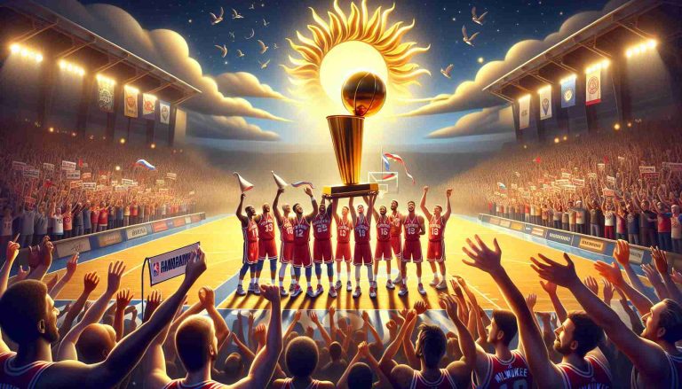 Realistic high-definition image depicting a metaphorical representation of the successful journey of a professional basketball team based in Milwaukee. Picture this as a scene with a basketball court crowned by a rising sun, symbolizing triumph after long struggles. Players celebrate, hoisting a gleaming trophy, their faces filled with joy and achievement. Fans in the stands wave banners and cheer, epitomizing the spirit and support of the community. Note: individual players should not resemble existing ones, and symbols used should not infringe on any copyright.