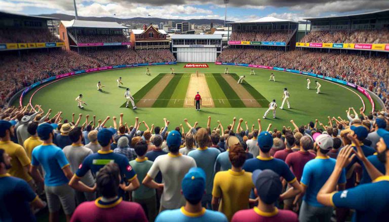 A high-definition and realistic image of a dynamic scene unfolding at a Sheffield Shield cricket match in Tasmania. The setting is a bustling cricket stadium filled with excited spectators from diverse backgrounds. The cricket players, comprising an equal mix of Caucasian, South Asian and Black individuals, display intense focus as they engage in their respective roles. On the field, it's clear that the team from Tasmania faces a challenging situation, evoking a sense of an uphill battle. The weather is slightly cloudy, adding a dramatic effect to the overall scene.