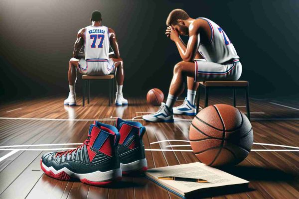 A realistic HD photo illustrative of a basketball team experiencing a significant setback, with a star player being sidelined due to injury for a month. The scene can entail an empty basketball court, a pair of basketball shoes, and a player's jersey with the number 77 (not associated with any real person), to symbolize the missing player.