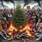 A detailed high-definition image capturing the aftermath of a torched Christmas tree. Around it, a diverse group of people express their discontentment and concern, with some holding up signs. The atmosphere is tense, indicating fears looming over festive celebrations. The sky is gloomy, further reflecting the disturbed mood. There is a mix of genders across different ethnic backgrounds including Caucasian, Hispanic, Black, Middle-Eastern, and South Asian.