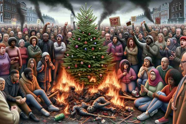 A detailed high-definition image capturing the aftermath of a torched Christmas tree. Around it, a diverse group of people express their discontentment and concern, with some holding up signs. The atmosphere is tense, indicating fears looming over festive celebrations. The sky is gloomy, further reflecting the disturbed mood. There is a mix of genders across different ethnic backgrounds including Caucasian, Hispanic, Black, Middle-Eastern, and South Asian.