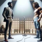 A realistic and high-definition image depicting a scene of a showdown based on wealth. This dramatic event unfolds on center stage in the limelight. Two individuals who are analogous to popular online content creators can be seen facing off. One is a young Black man with a muscular physique, dressed in casual trendy clothes, and the other is a lanky Caucasian man with long, unruly hair. Remember to not directly indicate or represent any copyright-protected characters, or go against the anonymity policy. Keep the environment neutral yet luxurious, amplifying the theme of wealth.