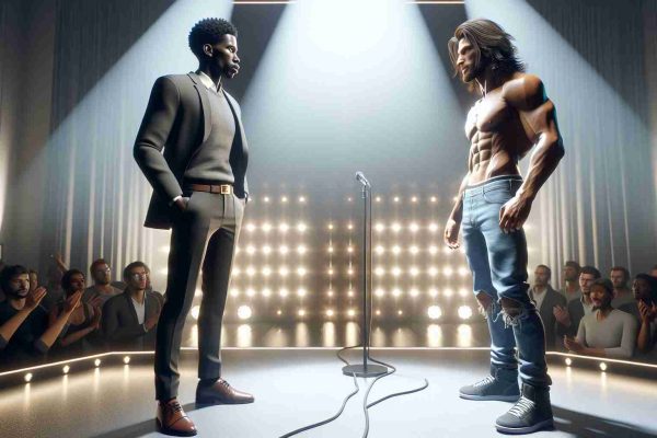 A realistic and high-definition image depicting a scene of a showdown based on wealth. This dramatic event unfolds on center stage in the limelight. Two individuals who are analogous to popular online content creators can be seen facing off. One is a young Black man with a muscular physique, dressed in casual trendy clothes, and the other is a lanky Caucasian man with long, unruly hair. Remember to not directly indicate or represent any copyright-protected characters, or go against the anonymity policy. Keep the environment neutral yet luxurious, amplifying the theme of wealth.