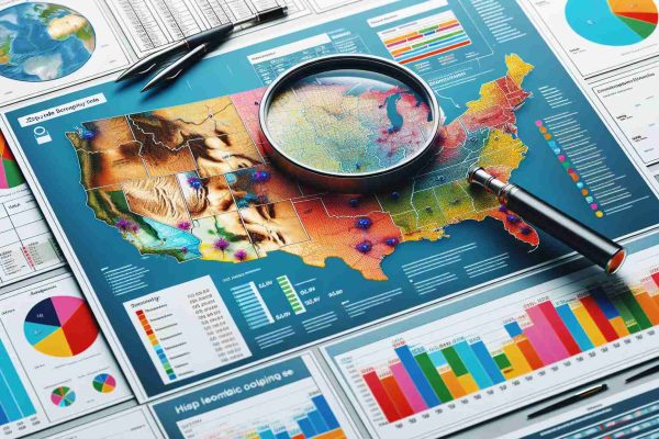 Generate a photo-realistic image in high-definition showcasing a colorful, geographical map spread out on a table showing zip-code boundaries. Highlight different areas with interesting icons and symbols indicating various kinds of demographic information. On top of the map, lay a magnifying glass focusing on a specific zip-code. Beside the map, display a unique informative chart to correlate the zip-code with various demographic characteristics.