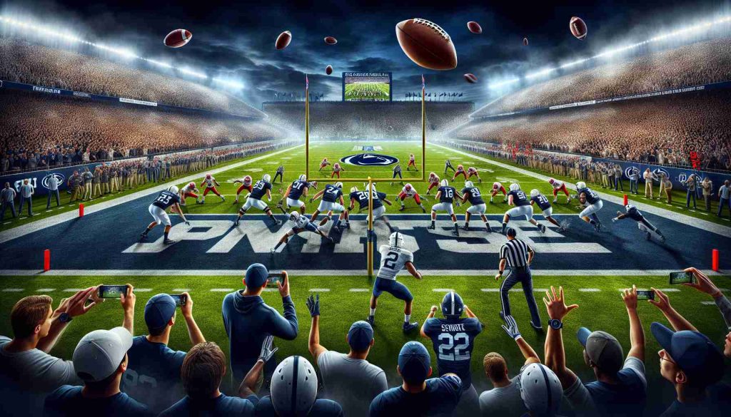 A high-definition image in a realistic style depicting an exciting college football playoff showdown. Capture the heightened emotions and tense energy of the match, focusing on Penn State in a dominating performance against SMU. Show players, the crowd, and iconic elements of the game like the football, the pitch, and the goal posts.