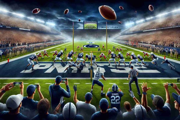 A high-definition image in a realistic style depicting an exciting college football playoff showdown. Capture the heightened emotions and tense energy of the match, focusing on Penn State in a dominating performance against SMU. Show players, the crowd, and iconic elements of the game like the football, the pitch, and the goal posts.