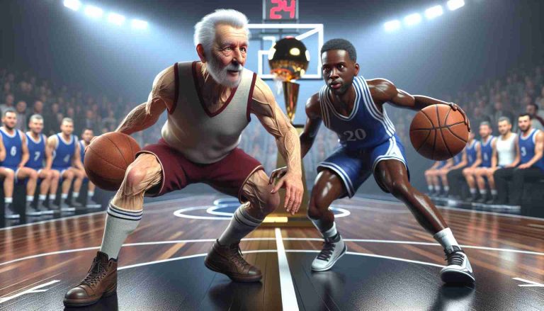 A realistic high-definition representation of the concept 'Experience vs. Youth' within the context of a basketball championship. Illustrate this by showing a scene of an older, Caucasian, male basketball player, with weathered features and visible signs of his lengthy career, skillfully dribbling the ball. Opposing him, a younger, Black, male player, physically fit and energetic, displaying quick reflexes. The court should be well-lit, with the championship trophy gleaming in the background. Remember, no team logos or distinguishing features should be present.