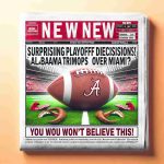 Create a realistic high-definition image resembling a news headline that states 'Surprising Playoff Decisions! Alabama triumphs over Miami? You Won't Believe This!' The image should reflect a sense of shock and excitement, possibly with images of American football related elements such as a football, a field, and team colors.