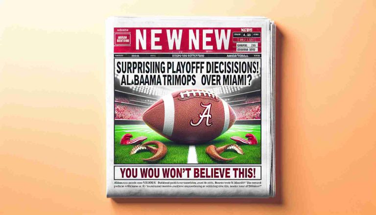 Create a realistic high-definition image resembling a news headline that states 'Surprising Playoff Decisions! Alabama triumphs over Miami? You Won't Believe This!' The image should reflect a sense of shock and excitement, possibly with images of American football related elements such as a football, a field, and team colors.