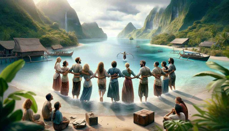 High-definition, realistic image depicting the emotional journey of nine individuals, presumably after a long period of separation. Illustrate their reunion moment accompanied by noticeable joy and relief. Set the scene in a visually stunning location seemingly representative of a tropical island, with lush green vegetation, idyllic landscapes and azure waters akin to those found in Bali. Their anticipation and excitement should be discernible.