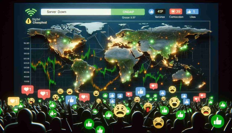 A realistic, high-definition image of a digital outage featuring a large scale map showing server down indicators all over it. Digital chaos is visible. Subsequently, there is a swift and notable recovery with green lights starting to dominate the map, indicating that services are restoring fast. In reaction to this, online users are portrayed as rejoicing, with active interaction via emoticons, likes and positive comments flooding the online platforms.