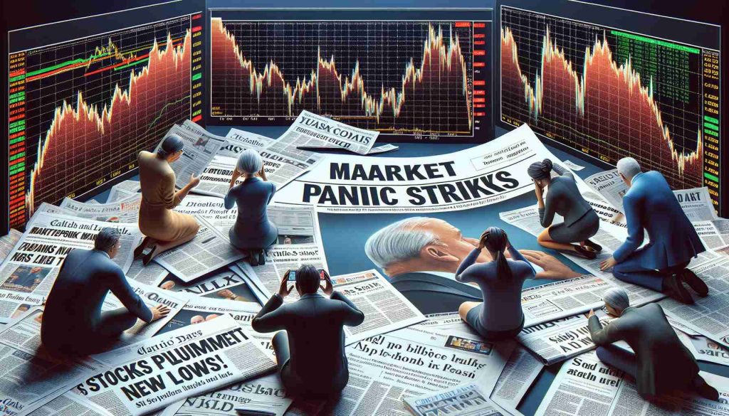 Create a high definition, photo-realistic illustration capturing the essence of a financial market crisis. The image should vividly showcase a graph with plummeting curves symbolizing steep declines in the stock market. Newspapers with headlines such as 'Market Panic Strikes!' and 'Stocks Plummet to New Lows' should be scattered around, conveying a sense of financial distress and urgency. People (of different genders and descents: a Caucasian woman, an African man, an Asian man, and a Hispanic woman) huddling over these reports with obvious signs of panic and worry on their faces should also be visible to enhance the tumultuous feeling of the scene.